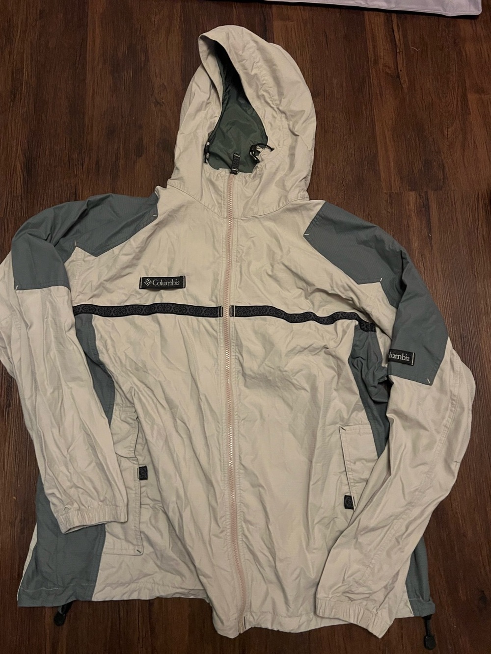 Vintage Columbia Hooded Windbreaker Jacket - Cream & Dark Green